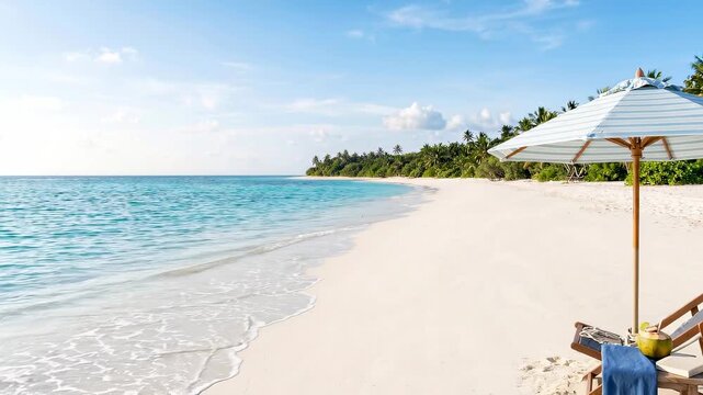 Panning shot of beach chair and striped umbrella with coconut drink on tropical sandy shore with gentle waves and palm trees