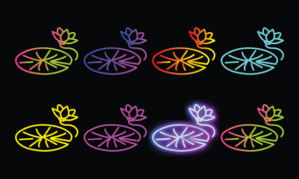 Lily pad neon icon collection with glowing water flowers for zen pond landscaping concepts.