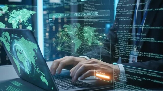 Cybersecurity Expert Monitoring Global Threat Intelligence Dashboard on Laptop, IT Professional Analyzing Network Data Flow and Encryption Codes with Futuristic Interface