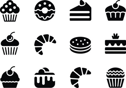 dessert icon set black white silhouette 12 sweets cupcakes donuts cakes croissant macaron pie bakery vector grid
