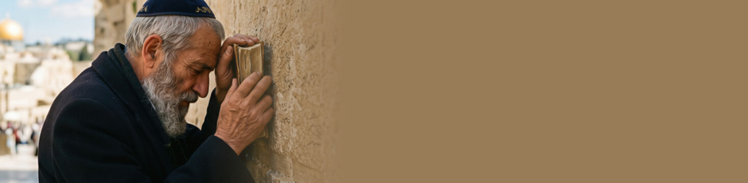 Jewish man praying at the Western Wall in Jerusalem. Devout senior man with white beard holding prayer book against holy stone wall. Spiritual Jerusalem Day religious heritage. Banner with copy space