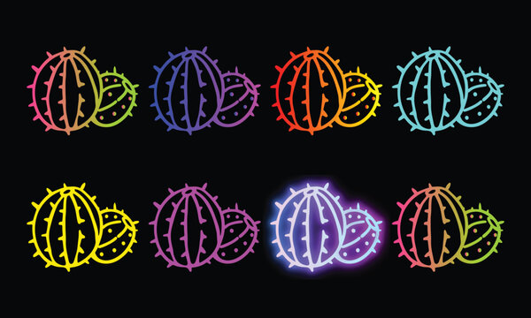 Neon cactus fruit icons set in various bright colors for desert and exotic fruit design art.