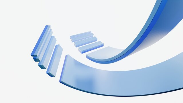 Minimalist 3D abstract background featuring clean curved blue segments and geometric bars. Perfect for technology presentation, financial charts, corporate branding, and modern web design layouts
