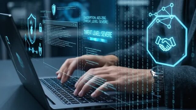 Cyber security expert typing on a laptop with futuristic digital overlay showing data encryption, network threat level severe 4K Ultra HD stock video.
