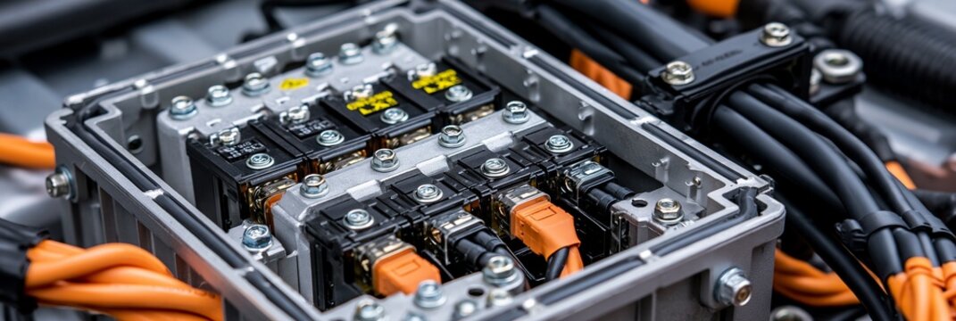 Closeup of a sealed underfloor highvoltage junction box being installed in an electric vehicle highlighting robust casing and secure connections for efficient energy transfer.