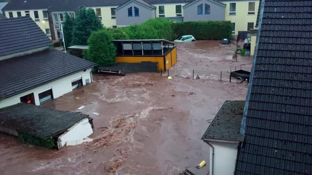 Aerial view of a devastating flood on a city street, causing damage to cars and homes.