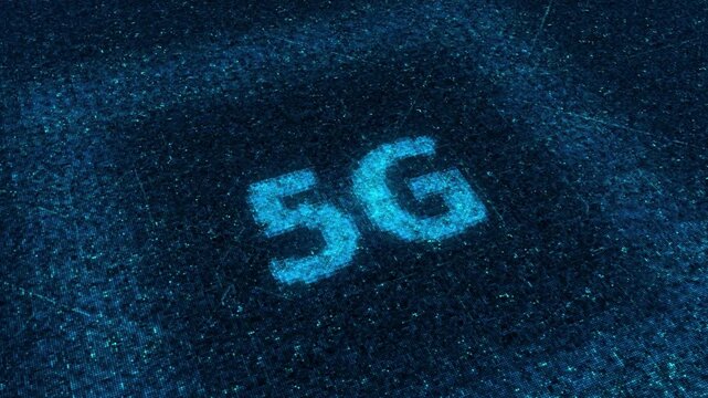 5G network technology logo in blue digital particles, high speed wireless connectivity concept, futuristic data transmission and internet speed