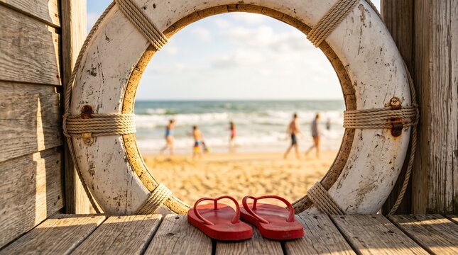 Round life preserver ring hanging on beach shack wall, circular frame, summer beach