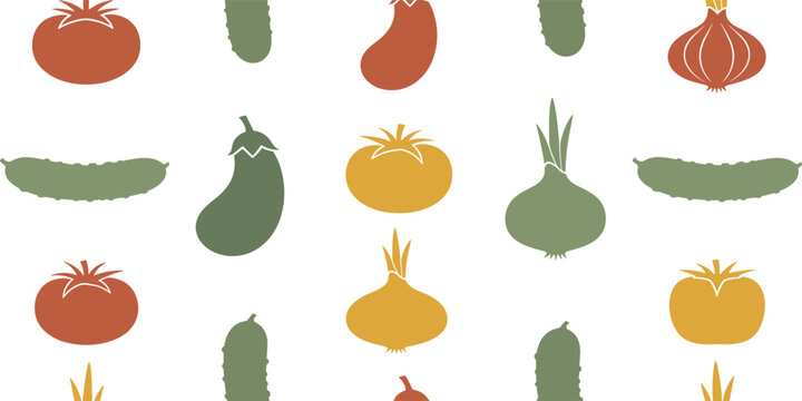 Seamless Colorful Vegetable Pattern Vector Background with Tomatoes Cucumbers Eggplants and Onions for Fabric Textile Kitchen and Packaging Designs