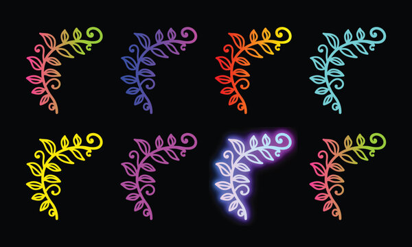 Neon leaf corner set with colorful glowing plant ornaments for botanical decorative design.