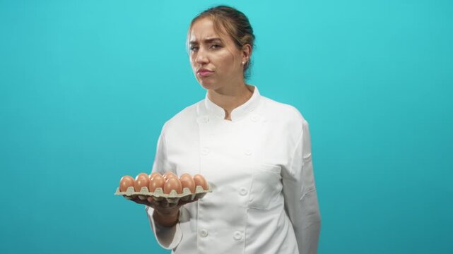 Woman chef holding carton of brown eggs with left hand points finger at camera in studio; food safety warning.