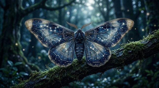 Celestial Constellation Moth Butterfly Resting on Mossy Forest Tree Branch