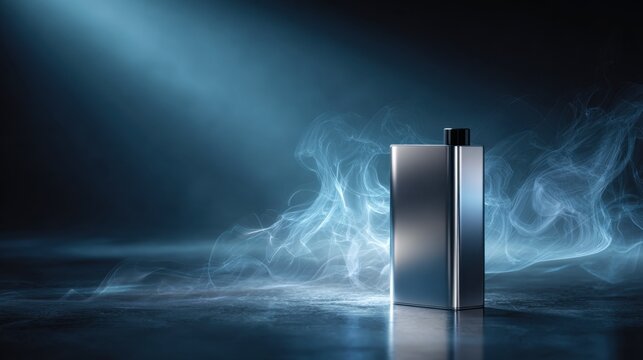 Sleek metallic container standing on reflective surface with swirling mist and dramatic lighting creating a mysterious and modern atmosphere