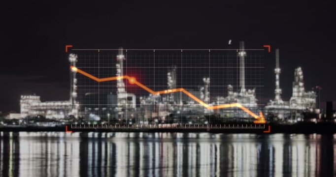 Industrial complex in Bangkok, Thailand, featuring red downward-trending graph, falling arrow overlay symbolize economic decline, decreasing oil prices, and reduced industrial production.