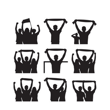 Cheering sports fans and crowd silhouettes set, isolated vector icons.