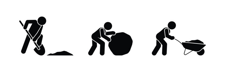 Stickman workers set with digging, pushing boulder and moving wheelbarrow actions. Black silhouette human figures for construction and labor vector illustration. © north100