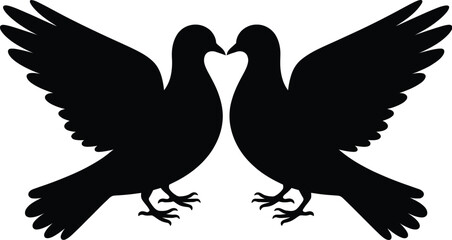 Fototapeta premium Flying dove silhouettes, peace love bird symbols vector artwork modern decorative animal graphics symmetrical wing design set