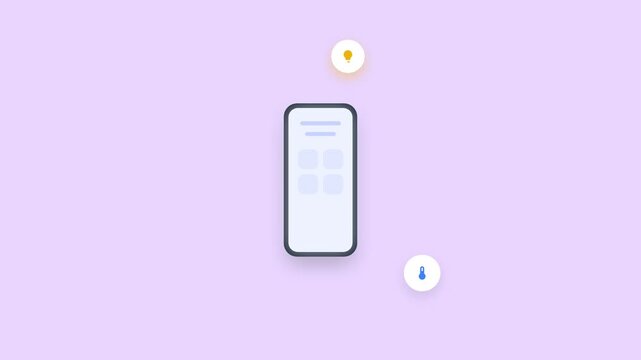 Smart home mobile application concept animation, smartphone connecting to IoT devices (light bulb, security camera, thermostat) on purple background