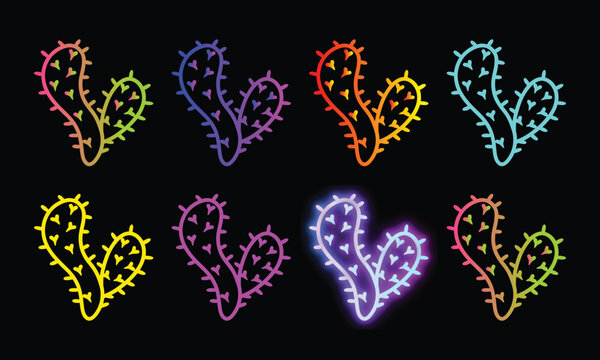 Set of eight neon glowing cactus isolated on black background vector illustration design.