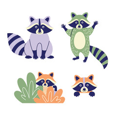 Four raccoons in different poses. © Kamis
