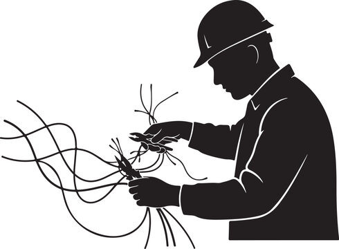 Black silhouette of man in hard hat untangling wires