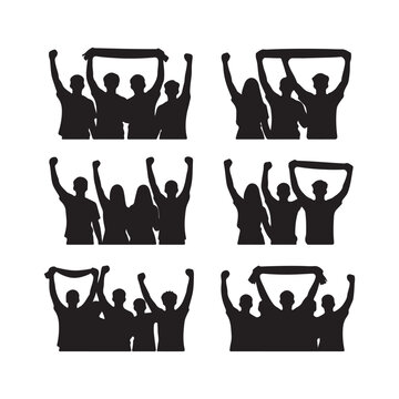 Cheering crowd silhouettes set, sports fans and spectators icons collection.