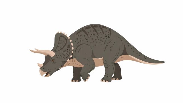 Panning shot of triceratops walking and turning head with mouth opening in side profile on plain white studio background animated sequence