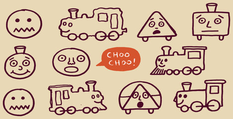 Fototapeta premium Collection of hand-drawn cartoon trains and faces with expressions, including a speech bubble saying 'Choo Choo!'.