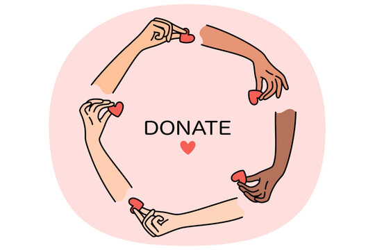 Donate from kind people holding hearts in hands, metaphor for donating money to charitable foundation. Help and donate of blood or organs to save patients are victims of illness or accident