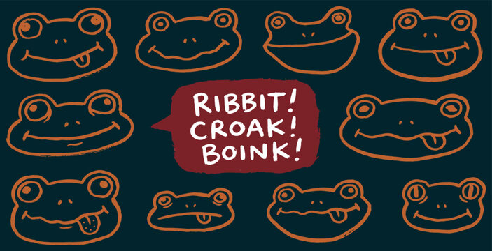 Collection of cartoon frog faces with different expressions and sounds like Ribbit, Croak, and Boink.