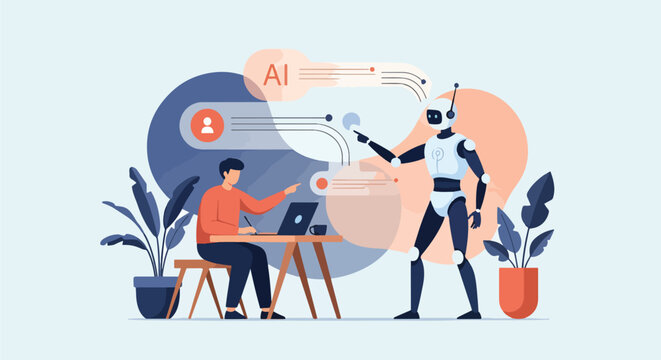 Robot and human collaborating on laptop.