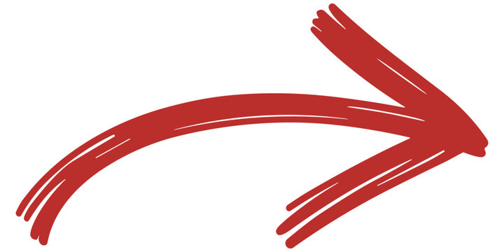 Red arrow pointing right, simple brush stroke style, isolated on transparent background, graphic element