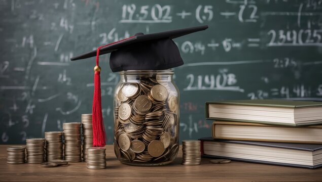 Graduation cap on a coin jar, symbolizing education savings, investment, and future learning