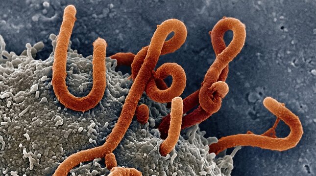 Scanning electron micrograph of ebola virus particles budding from a cell