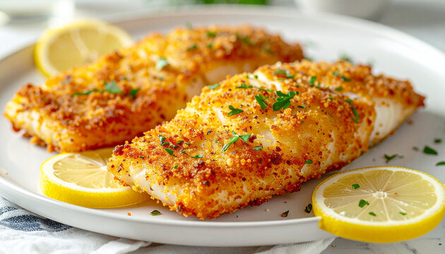 Perch fillets, breaded and baked, lemon slices, white plate. AI