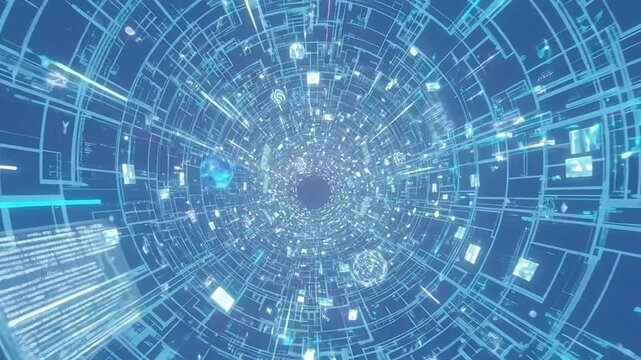 Futuristic blue digital data tunnel with glowing screens.