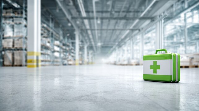 Green and white first aid kit placed on polished warehouse floor with industrial shelves and bright spacious environment in the background
