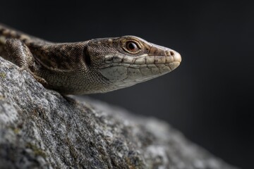 Fototapeta premium Detailed close-up of a lizard with textured scales resting on a rock surface against a dark blurred background highlighting natural wildlife beauty and patterns