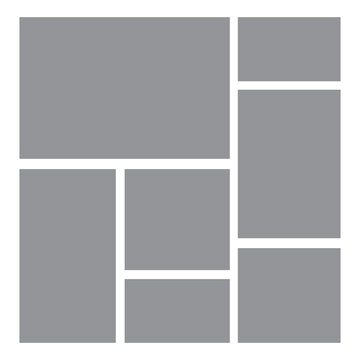 7 Image Photo Collage, 5 Empty geometric photo collage grid rectangle template shape. Modern tiles pattern mosaic for portfolio presentation. Background and photo album for wall mood board.