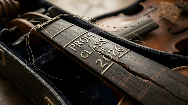 Close-up of broken violin fingerboard with engraved text