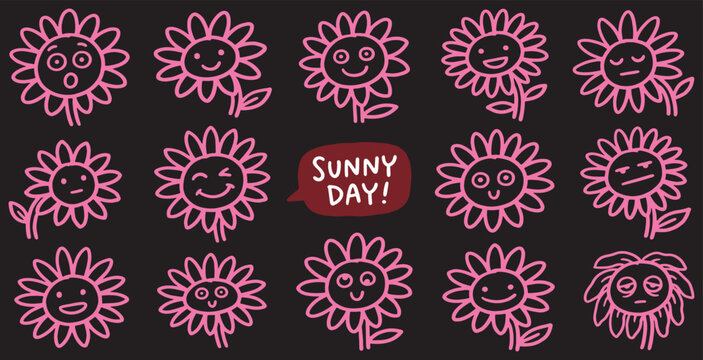 Collection of cute cartoon sunflowers with different facial expressions on a black background, with a speech bubble saying SUNNY DAY!.