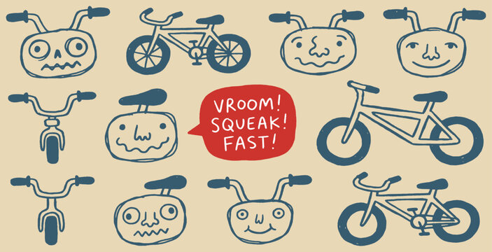 Collection of hand-drawn bicycles and cartoon faces with speech bubble saying VROOM SQUEAK FAST.