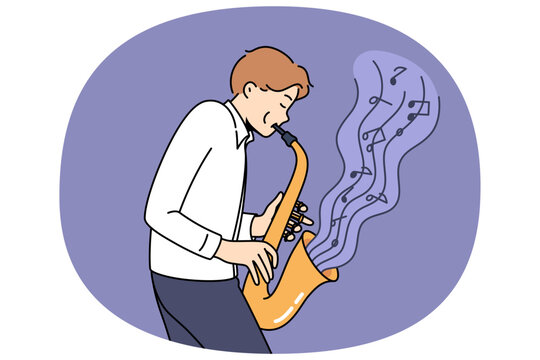 Man masterfully plays jazz composition on saxophone, blowing notes from musical instrument. Talented guy plays saxophone, thanks to excellent hearing and talent, helps entertain people