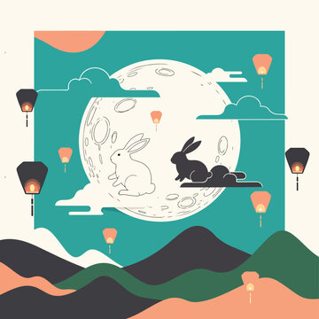 Rabbits on moon with lanterns flying.