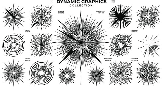 Dynamic abstract burst graphics vector collection featuring starburst explosions geometric impacts and energy effect designsDynamic abstract burst graphics vector collection featuring starburst explos