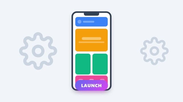 Mobile app UI design development animation with launch button on smartphone screen