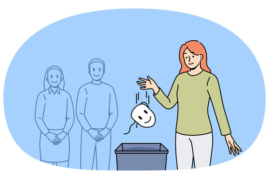 Woman takes care of own personality and throws mask that hides mood and emotions into bucket. Concept of importance of person personality and finding true self, which allows one to achieve sincerity