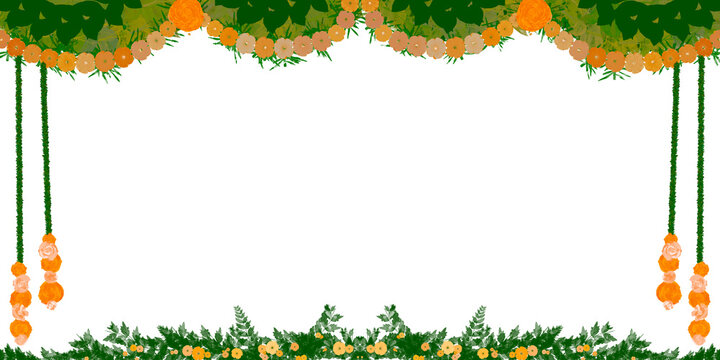 Traditional Indian marigold flower garland decoration frame for festivals