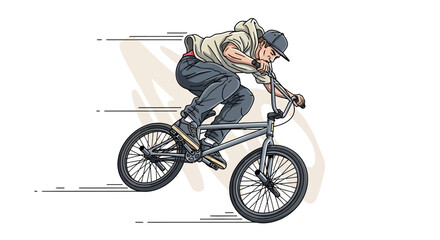 Naklejka premium Man riding a bicycle on a white background.
