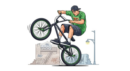 Naklejka premium Man performing a bicycle stunt outdoors.